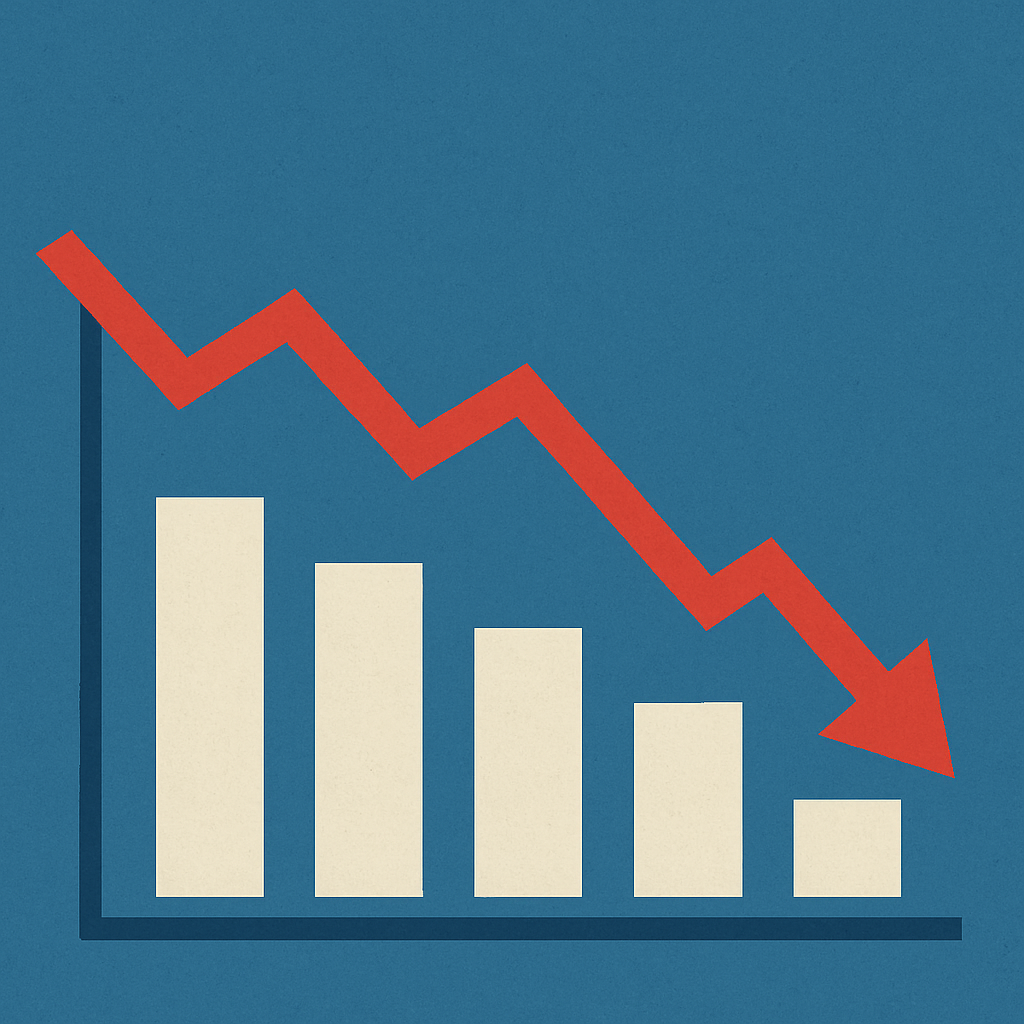 A white bar graph on a blue background with an arrow sloping downwards to indicate debt going down.