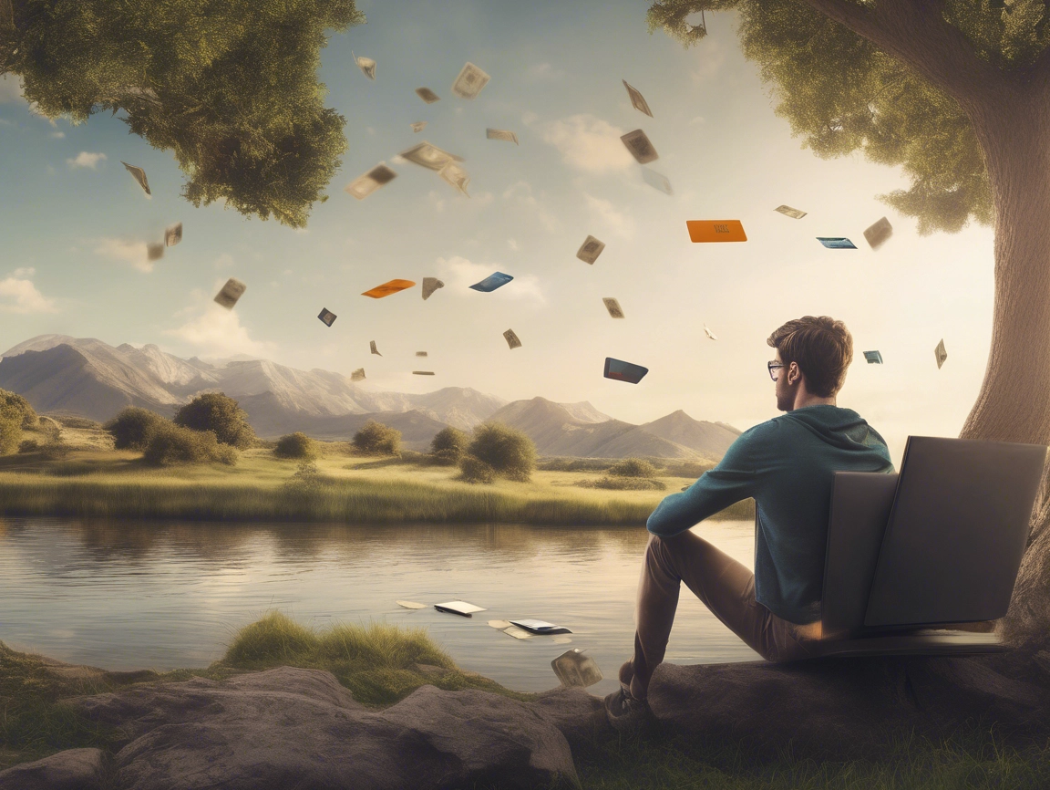Man watches money fall from the sky over a lake as he considers debt consolidation.